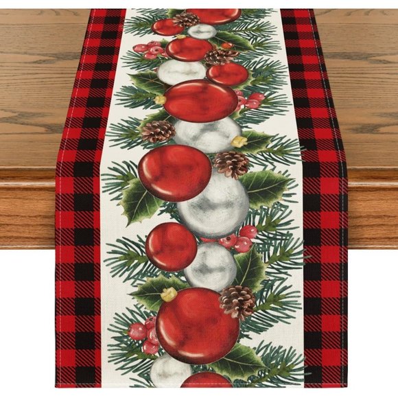 13''x72'' Buffalo Plaid Red Black Balls Christmas Table Runner Home Decoration - Picture 1 of 7